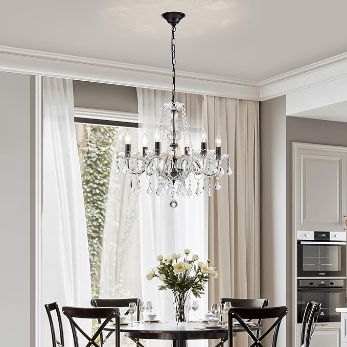 Crystal Chandelier Light Fixture, Modern K9 Crystal Chandeliers for Dining Room, 6-Lights Black Ceiling Light, Adjustable Hanging Pendant Light Fixture for Living Room Entryway Kitchen Island Hallway