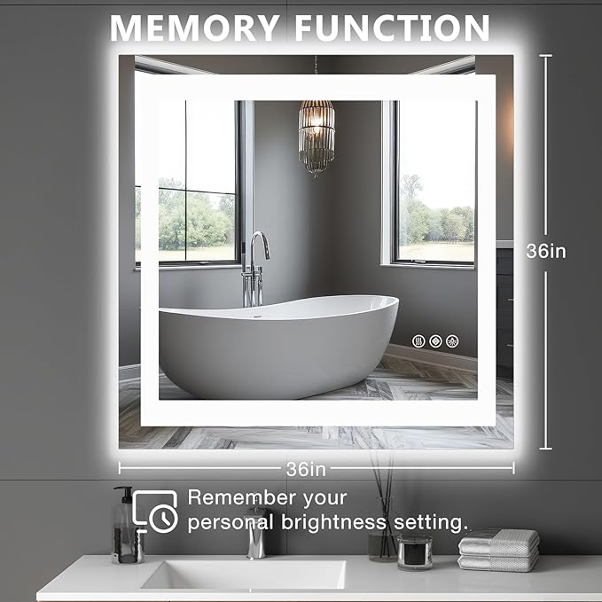 NEWBULIG 36X36 Inch LED Bathroom Wall Mirror with Lights, Light up Vanity Bathroom Mirror for Over Sink, Anti-Fog and Dimmable, Front Light and Backlit, Memory Function, Shatter-Proof, White