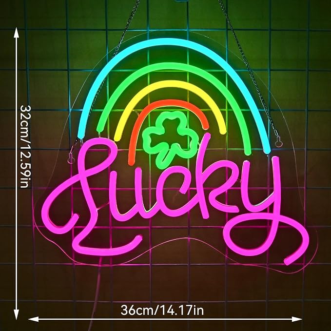 Lucky Clover Neon Signs Leaf Wall Light for St. Patrick's Day Party Decor | 14.17IN*12.6IN,Five level brightness adjustment,USB powered,For Bar,Club,Pub,Living room,Bedroom,Restaurant,Beach Bungalow