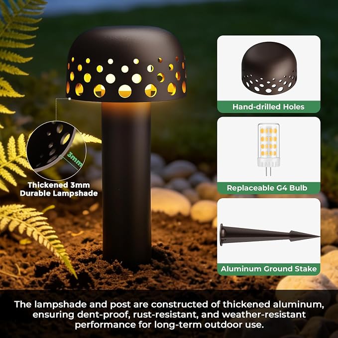 Low Voltage Landscape Pathway Lights, 12V Outdoor Mushroom Decorative Lights, Unique Aluminum Path Lighting with 4W 2700K Replaceable Bulb for Walkway Garden Yard, 6 Pack