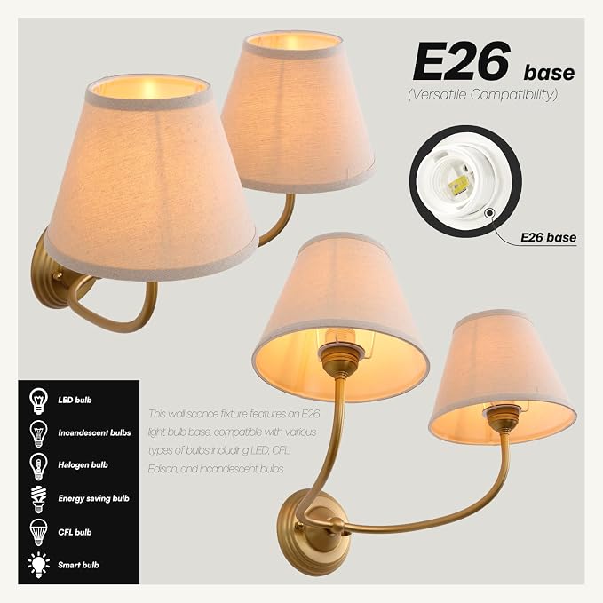 Vintage 2-Lights Fabric Sconces Wall Lighting with 8.66" Diam Linen Cloth Shade, Double Arm Wall Lamp Fixture for Living Room Bathroom Bedroom Hallway