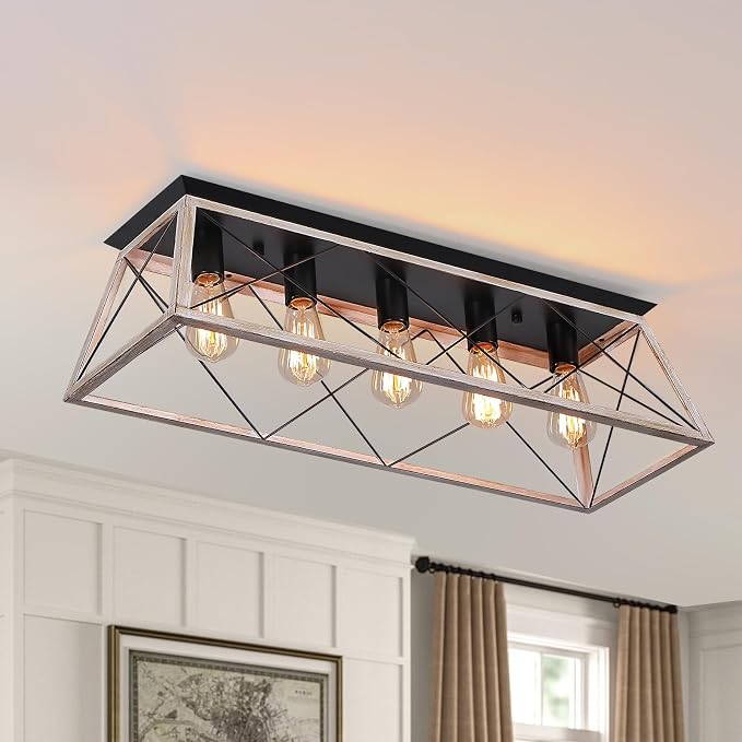 31.5" Large Flush Mount Ceiling Light Fixture, X-Shaped Metal Cage Design, Dimmable 5-Light Close to Ceiling, Farmhouse & Vintage Industrial Style, for Dining Room, Kitchen Island, Living Room
