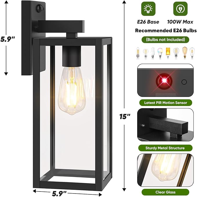 2-Pack 15” Upgraded Motion Sensor Outdoor Wall Lights, Black | Auto ON/OFF, 3 Lighting Modes, Waterproof, Rust-Resistant, Durable Metal & Clear Glass, Standard E26 Sockets, Easy to Install