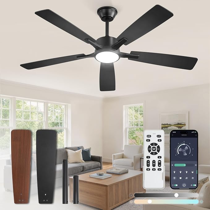 Fanbulous 52 Inch Ceiling Fans with Lights, Black, Remote & APP Control | Stepless CCT & Dimmable Light, 20W LED Ceiling Fan, 6 Speeds, Reversible Quiet DC Motor, for Bedroom, Living Room, Apartment