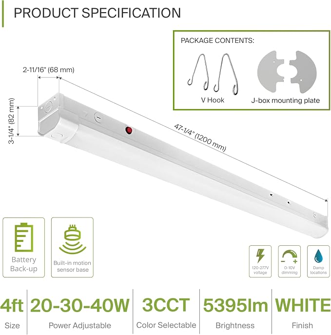ASD 4ft LED Linear Strip Light Fixture with Emergency Battery Backup & Q-Base | 20W-40W 120-277V 3500K-5000K Adjustable Linkable LED Shop Light | UL DLC Stairwell Certified Luminaire, 9 Pack