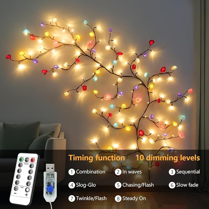 7.55FT 144LED Macaroon Rose Blossom Enchanted Willow Vine Light,Battery Box | 6 Color USB Blossom Tree Branch Lights for Wall, Remote Timer,8 Light Model,Bedroom Wall Doors Wedding, Christmas