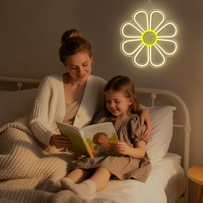 Flower Neon Sign Cute Daisy Dimmable LED Window Light for Bedroom Decor | 12.6IN*12.6IN,Five level brightness adjustment,USB powered,For Bar,Club,Pub,Living room,Bedroom,Restaurant,Beach Bungalow