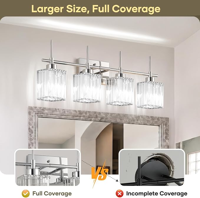 Torondo Modern Crystal Bathroom Vanity Light 4-Lights Chrome Bathroom Light Fixtures Over Mirror Vanity Lighting Fixtures Gold Square Shade Wall Sconce (Bulbs Not Include)