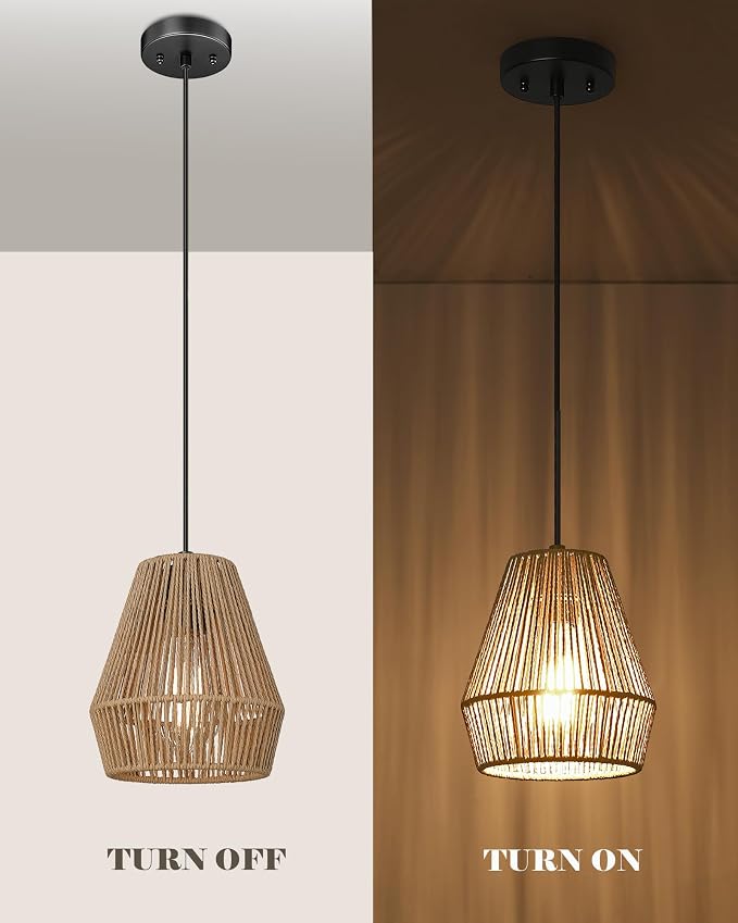 ELYONA 3 Pack Japandi Woven Pendant Lights 7” Modern Boho Hanging Lamp with Handwoven Rattan Shade, Adjustable Farmhouse Coastal Pendant Light Fixtures for Kitchen Island,Dining Room,Bar, Hallway