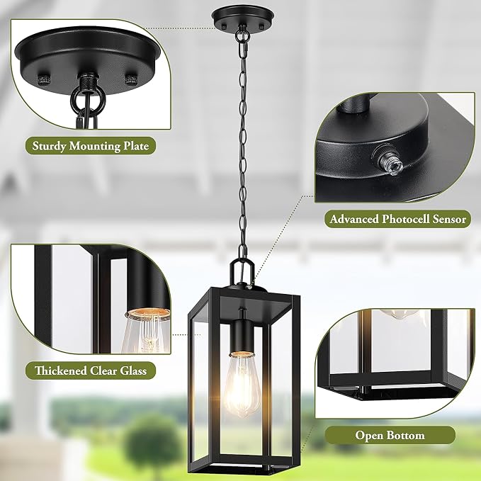 Dusk to Dawn Outdoor Pendant Light for Porch Gazebo, Black | Auto ON/OFF, Hanging Height Adjustable, Waterproof, Rust-Resistant, Durable Metal & Clear Glass, Easy to Install