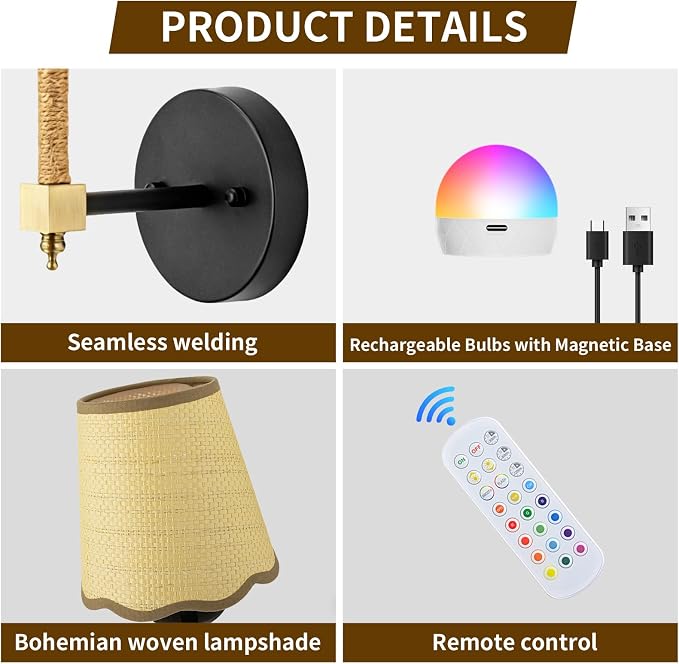 Boho Battery Operated Wall Sconce Set of 2, Medium Black Gold Wireless Rechargeable Wall Lights with Rattan Shade, 12 RGB and 3CCT Dimmable Cordless Wall Lamps with Remote for Living Room
