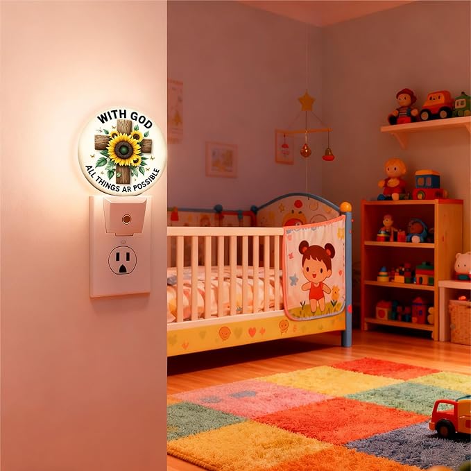 Mugod Sunflower and Cross Plug-in Nightlights All Things are Possible Inspirational Quote Night Light Plug into Wall with Dusk-to-Dawn Sensor LED Lighting 0.5W Sleep-Friendly