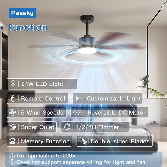Passky 52 Inch Black Contemporary Ceiling Fans with Lights, Remote Control | 3CCT dimmable light, quiet DC motor, reversible airflow; black contemporary style for bedroom and living room
