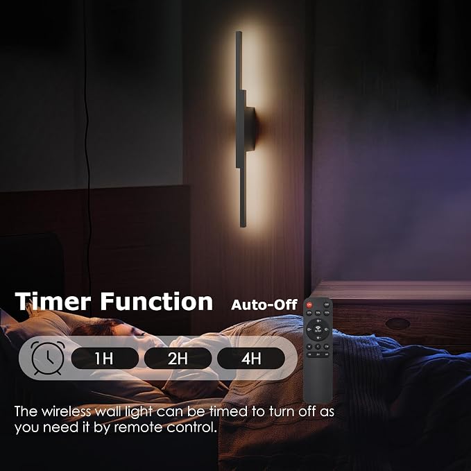 Aipsun Black Wall Sconces Set of Two Battery Operated Wall Sconces 3000K-6000K Dimmable LED Wireless Wall Lights for Living Room,Bedroom,10,000mAh,23.6Inch (2 Pack)