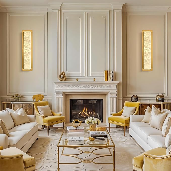 19.7" Brass Wall Sconces, Natural Alabaster Wall Sconce, Gold Marble Sconces Wall Lighting, Large Rectangular Bedside Lamp Perfect for Living Room, Dining Room,Stairs, Hallway, Bedroom