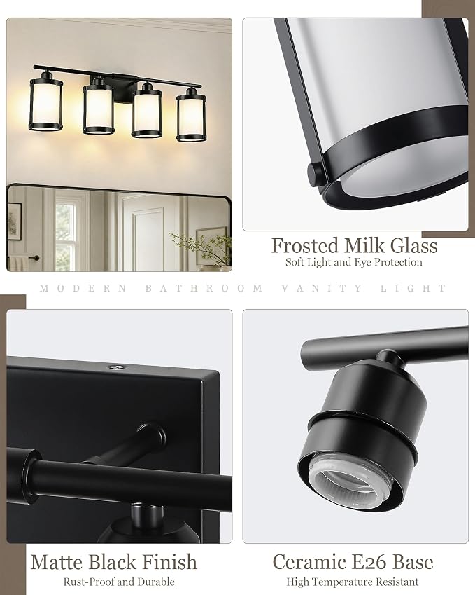 4-Light Black Bathroom Light Fixtures with Milk White Frosted Glass, 29" UL-Listed Modern Wall Sconce Over Mirror with Metal Cage for Bath, Hardwire E26, OS-3014BKW-4W