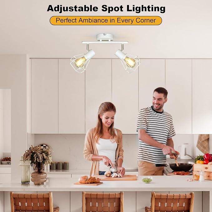 HiBay 2-Light Ceiling Track Lighting Fxiture White, Modern Spotlight, E26 | Rotatable 2 heads with farmhouse metal cage shade for kitchen bedroom bedside wall, bulb not included