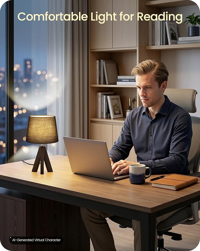 Small Table Lamp for Bedroom, 14.6" Bedside Lamp with Black Linen Shade & Walnut Wood Tripod Base, Modern Nightstand Lamp, Blak Lamp for Living Room, Nursery, Entryway, E26 Socket, VB51TL05