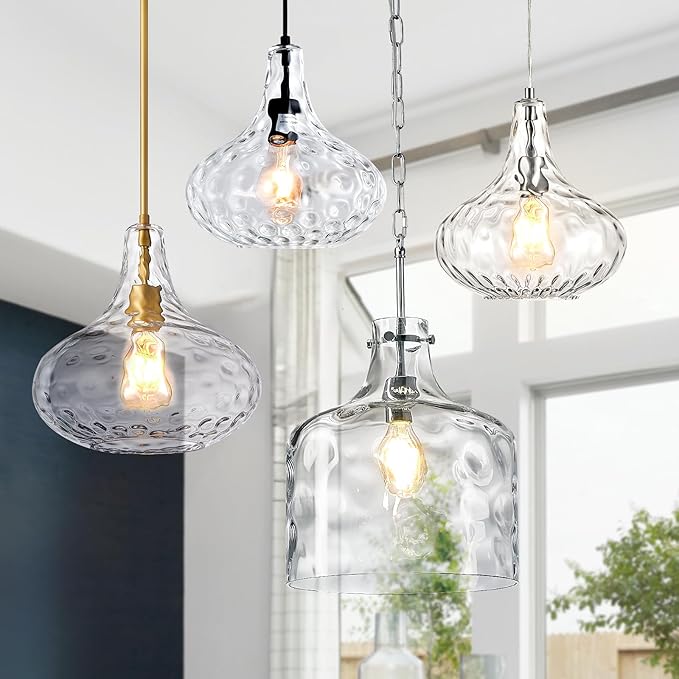 11" Clear Glass Pendant Light – Large Hand-Blown Glass Shade with Hammered Texture and Gold Finish, Adjustable Ceiling Hanging Light for Kitchen Island, Dining Room, Hallway, Living Room