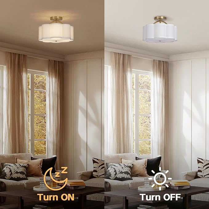 CALOKES Semi Flush Mount Ceiling Light, 11.8" Modern 3-Light Fixture with Petal-Shaped Cream White Fabric Shade and Golden Support Arm, Ideal for Bedroom, Kitchen, Living Room, Hallway, and Entryway