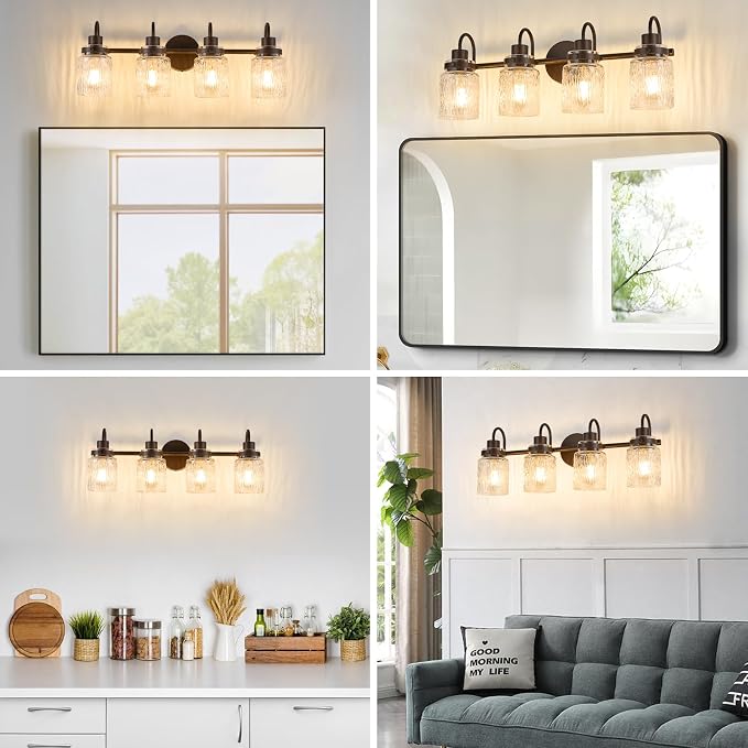 4 Lights Hammered Glass Bathroom Vanity Light, Oil Rubbed Bronze | Easy Installation,Up or Down,Farmhouse Modern Style,E26 Socket,ETL Certification
