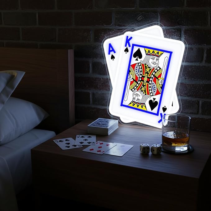 Poker Neon Sign, UV Printed Playing Cards LED Light for Man Cave Decor | USB-Powered Dimmable “A,K” Spade Cards Light Sign for Poker Rooms, Game Rooms, Man Caves, and Poker Nights