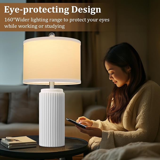 23.5" White Ceramic Table Lamps Set of 2, Modern Nightstand Lamps | Bedside Table Lamps with White Linen Shade, Ideal Size, Farmhouse Home Decor for Living Room Bedroom Office End Table Dorm