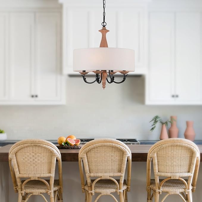 17.3" French Country Modern Drum Chandelier Light Fixture Mid Century Framhouse Chandelier with Linen Shade Vintage Distressed Wood Chandelier for Dining Room,Living Room,Kitchen,E12