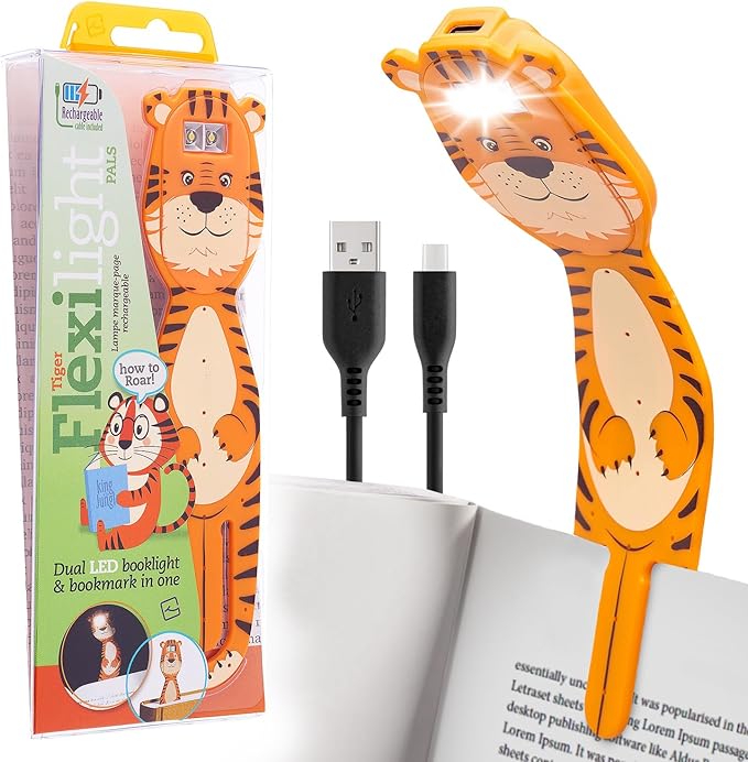 Gifts for Readers & Writers Rechargeable Book Light for Kids, Clip On Reading Light for Bed, 2in1 Flexilight Pals & Bookmark, 12 Hours of Light Once Charged, Includes USB Cable & 2 LED Lights, Tiger