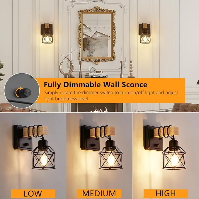 FadimiKoo Farmhouse Wall Sconces 4 Pack, Bedside Wall Lamps with Dimmer ON/Off Switch, Black Wall Light Fixtures with Metal Cage, Rustic Wooden Sconces Wall Lighting for Living Room, Hallway, Bathroom
