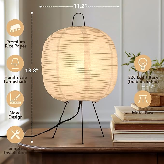 Rice Paper Lamp, Japanese Lantern Lamp for Wabi-Sabi Decor and Cozy Ambiance, Noguchi Paper Table Lamp for Bedroom, Living Room