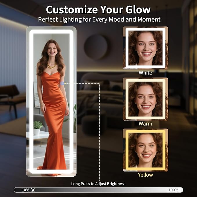 Koonmi LED Full Length Mirror, 56"x20" Full Length Mirror with Lights, Lighted Floor Mirrors with Stand, Full Body Mirrors with Dimming & 3 Color Lightingfor Living Room Cloakroom, White