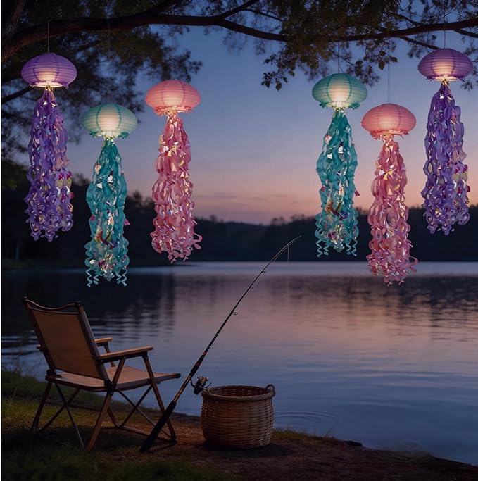 Jellyfish Paper Lanterns with LED Lights Set of 6, Lilac/Pink/Turquoise Oval Hanging Floating Decorations for Under The Sea Party Mermaid Birthday Ocean Classroom Beach Room Aesthetic