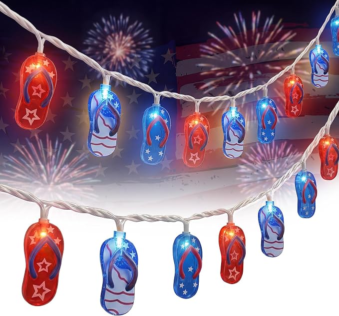 8.5Ft Tropical Beach Slipper String Lights, 4th of July American Flag | Plug in,10 LED Bulbs, Independence Day Decoration Flip Flop Lights for Patriotic Party Festival National Day, White Wir