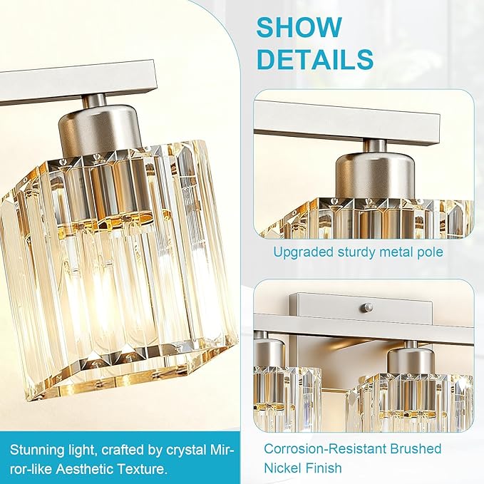 GOLSPARK 3 Light Crystal Bathroom Light Fixtures, Modern Brushed Nickel Vanity Lighting Fixtures, Vanity Light Over Mirror for Bathroom, E26 Socket Crystal Wall Light Square Shades (Bulbs Excluded)