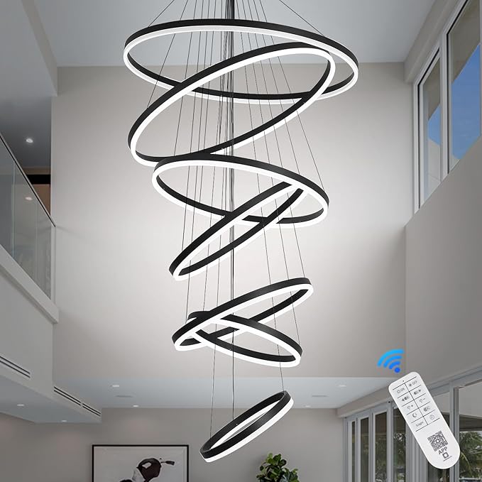 XGZL·LIGHTING 7-Rings Modern LED Chandelier Black D31.5’’ Contemporary High Ceiling Foyer Chandeliers Large with Remote Entryway for Living Room Entrance Staircase, 3000K-6000K
