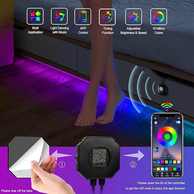 Motion Activated Under Bed Lights, 2x9.84ft 5050 RGB Color Changing LED Strip Lights with Sensor, APP Control and Music Sync, Dimmable Night Light for Bedroom Stair Christmas Decor
