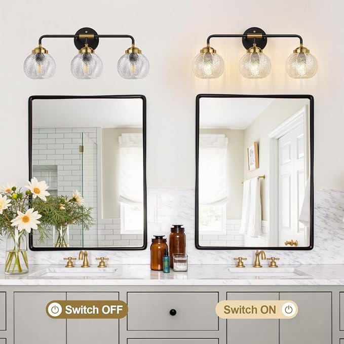 MOKATNG Bathroom Light Fixtures, 3-Light Clear Vanity Lights with Unique Leaf Texture Glass Shade, Modern Matte Black and Gold Bathroom Wall Lamp for Mirror Hallway Cabinet Living Room