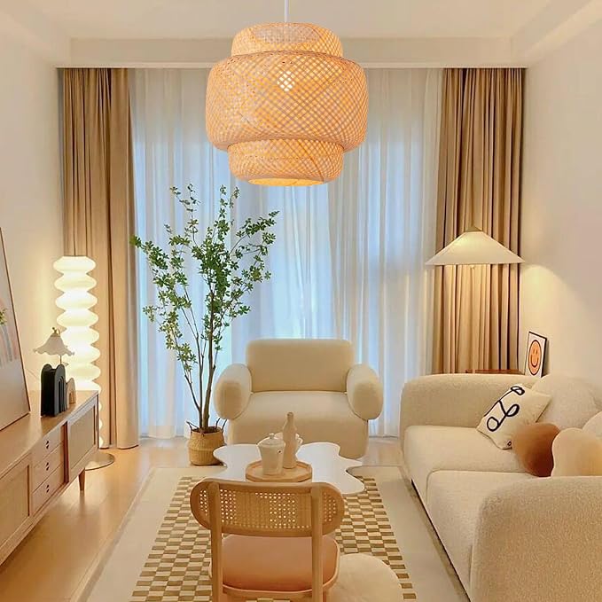 Bamboo Pendant Light,15.8" Rattan Chadelier | 15.75" Boho Bamboo Hanging Light,Hand Woven Rattan Chandelier for Kitchen Island Dining Bedroom Living Room Restaurant