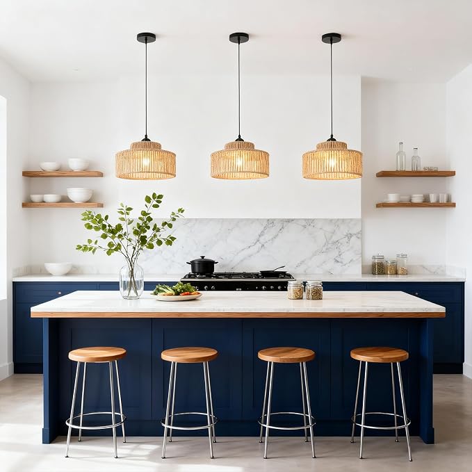 2 Pack Rattan Pendant Light,11 Inch Boho Kitchen Island light Fixtures,Handmade Woven Hanging Lamp,Small Wicker Chandelier,Basket Hanging Light for Bedroom Kitchen Living Room Restaurant Hallway Foyer