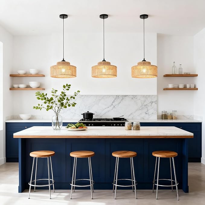 Rattan Pendant Light,11 Inch Boho Kitchen Island light Fixtures,Handmade Woven Hanging Lamp,Wicker Small Chandelier,Coastal Hanging Lights for Bedroom Kitchen Living Room Hallway Restaurant Foyer