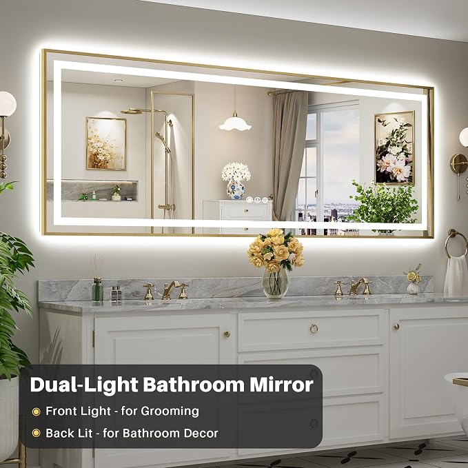 96X36 Inch LED Bathroom Mirror with Gold Frame, Backlit & Front Lit | Anti-fog, 3 Color Dimmable, Memory Function, HD Reflection Tempered Glass, ETL Listed, IP54 Waterproof
