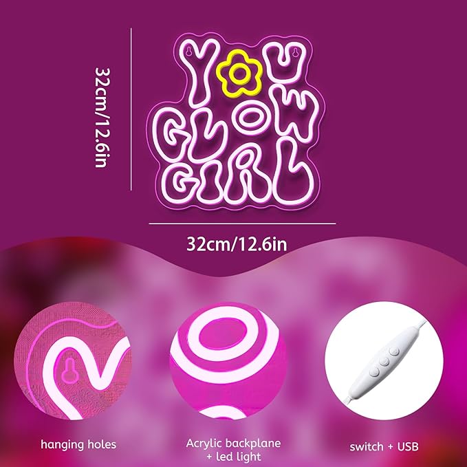 WLHOPE You Glow Girl Neon Sign Pink Led Neon Signs for Wall Decor Glowing Girl Neon Light Signs Man Cave Wall Art Signs for Bedroom Girls Room Bar Club Shop Office Wedding Birthday Party