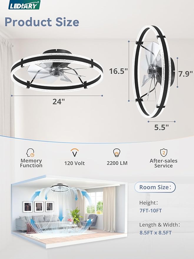 LEDIARY 24'' Low Profile Ceiling Fans with Lights and Remote, Black, 2 Pack | 3000-6000K Dimmable LED, 6 Wind Speeds, Quiet Reversible DC Motor, Small Flush Mount Fandelier for Bedroom, Living Room