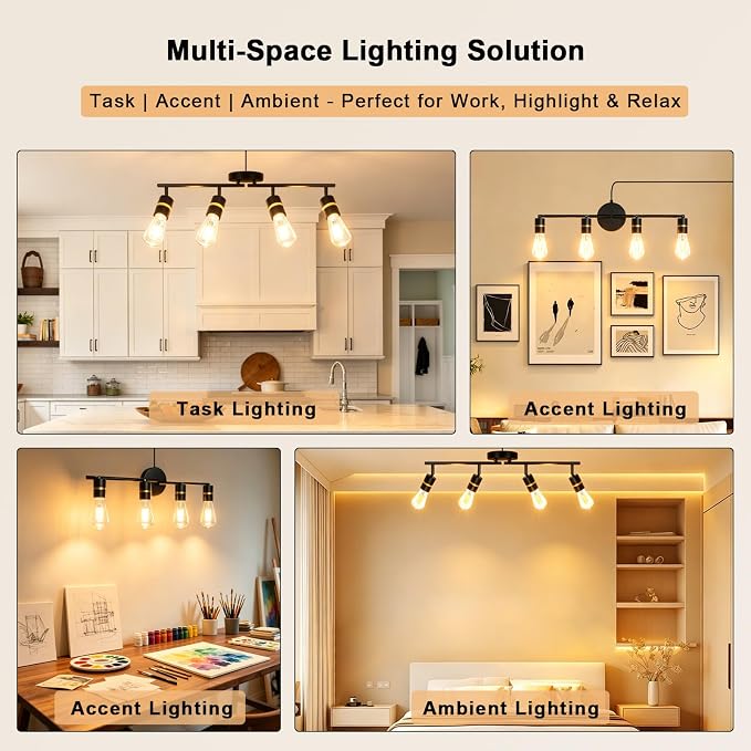 HiBay 4-Light Plug in Track Lighting, Rotatable Spotlight, Black Gold, E26 | Adjustable 4 heads ceiling fixture for kitchen dining room, plug-in cord with on/off switch, no wiring, excl bulb