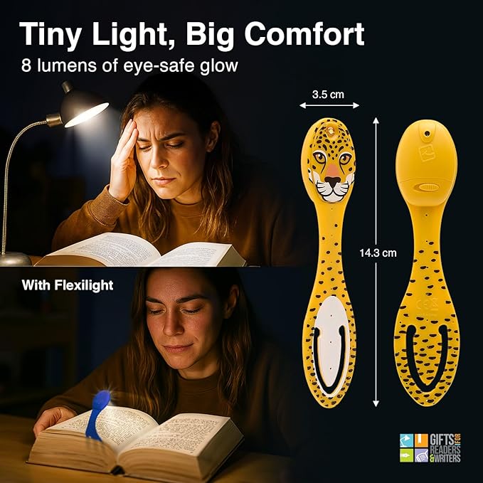 Gifts for Readers & Writers Book Light, Clip On Reading Light for Bed, 2in1 Flexilight & Bookmark, Small & Lightweight with a Soft Glow, 2 Batteries Included, Leopard