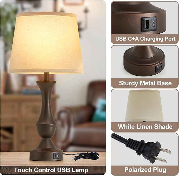 Luvkczc 22" Table Lamp Set of 2 - Vintage Brown Bedside Lamp with Beige Fabric Shade, Dimmable, USB C+A Ports, Nightstand Lamp for Living Room Bedroom (Bulb Included)