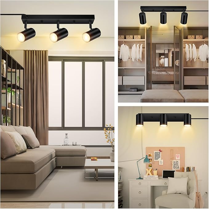 3 Light Track Lighting Kit,Black 3 Way Modern Plug in Ceiling Spotlight,Industrial LED Wall Light for Kitchen Cabinet Gallery Bar Hallway Living Room,Rocker Switch,15 Foot Cord(No Bulb)