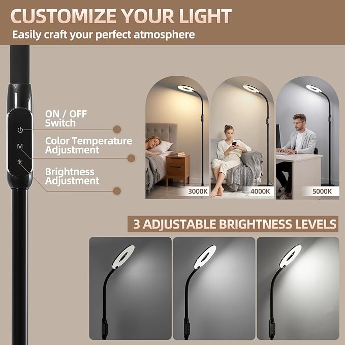 70'' Bright LED Floor Lamp Floor Lamps for Living Room, Office,Black | Dimmable & 3 Color Temperature, Touch Control Standing Tall Lamp, Gooseneck Floor Light for Sewing, Craft, Bedroom, Corner