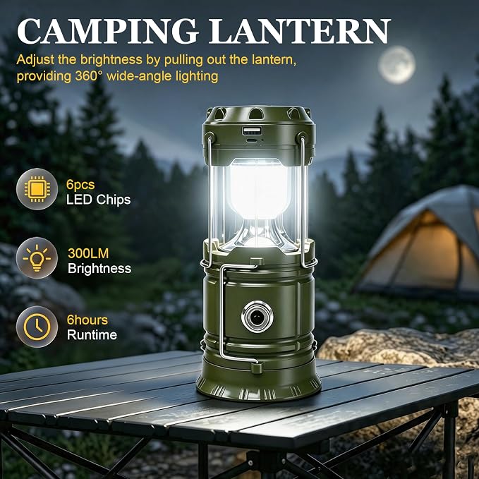 DIBMS 2-Pack Solar Camping Lantern, Collapsible Flashlight Emergency Lights | LED Solar USB Rechargeable Lamp Tent Hanging Lights Survival Kits for Hurricanes Power Outages Indoor Outdoor (Army Green)
